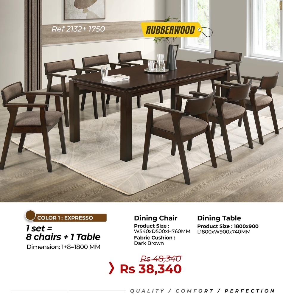 Rubberwood Dining Set Ref: 2132+1750 - 8 Seater 