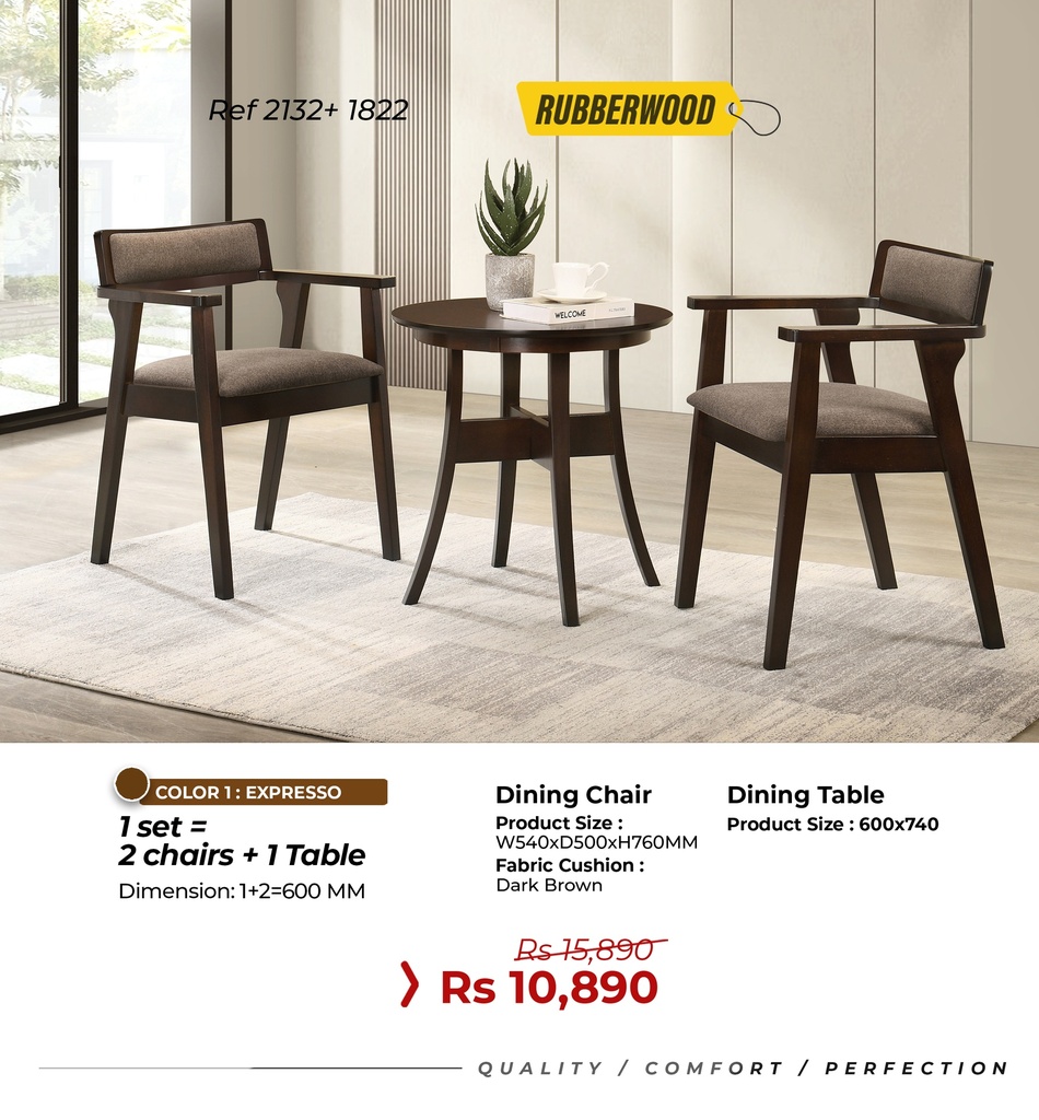 Rubberwood Dining Set Ref: 2132+1822 - 2 Seater