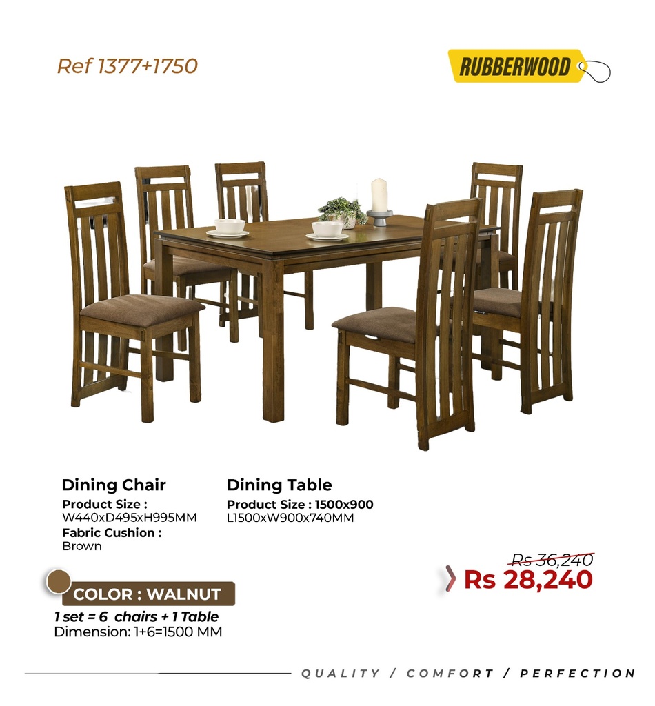 Rubberwood Dining Table 1750- 6 seater- walnut