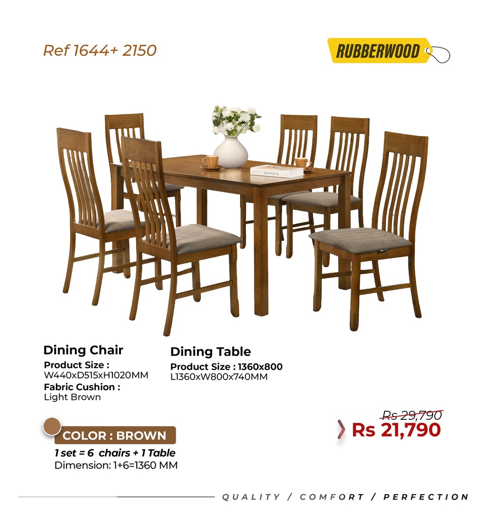 Rubberwood Dining Table 2150- 6 seater- Brown