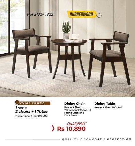 Rubberwood Dining Set Ref: 2132+1822 - 2 Seater Expresso