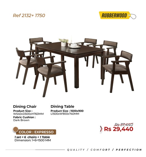 Rubberwood Dining Table 1750- 6 seater- Expresso